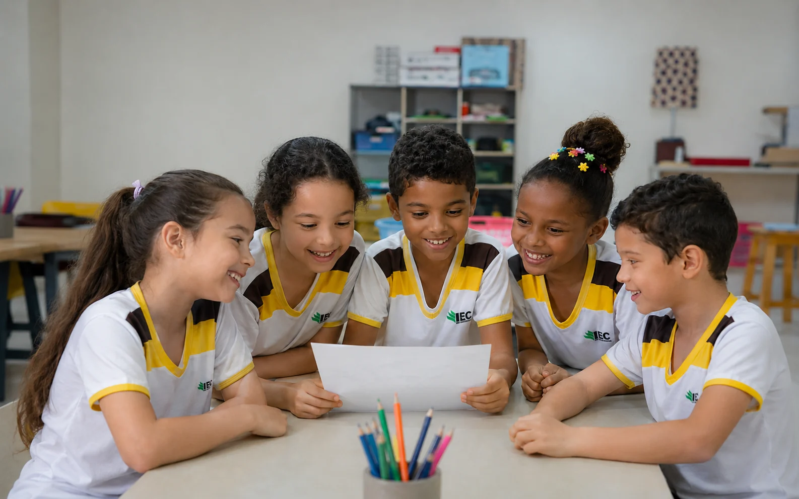 Alunos reunidos em trabalho de grupo