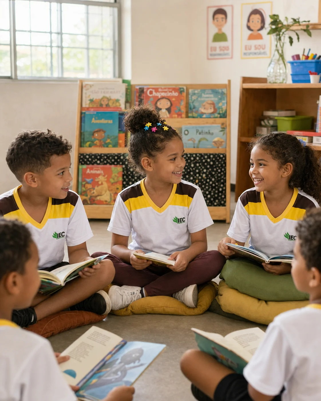 Roda de leitura com os alunos sentados no chão