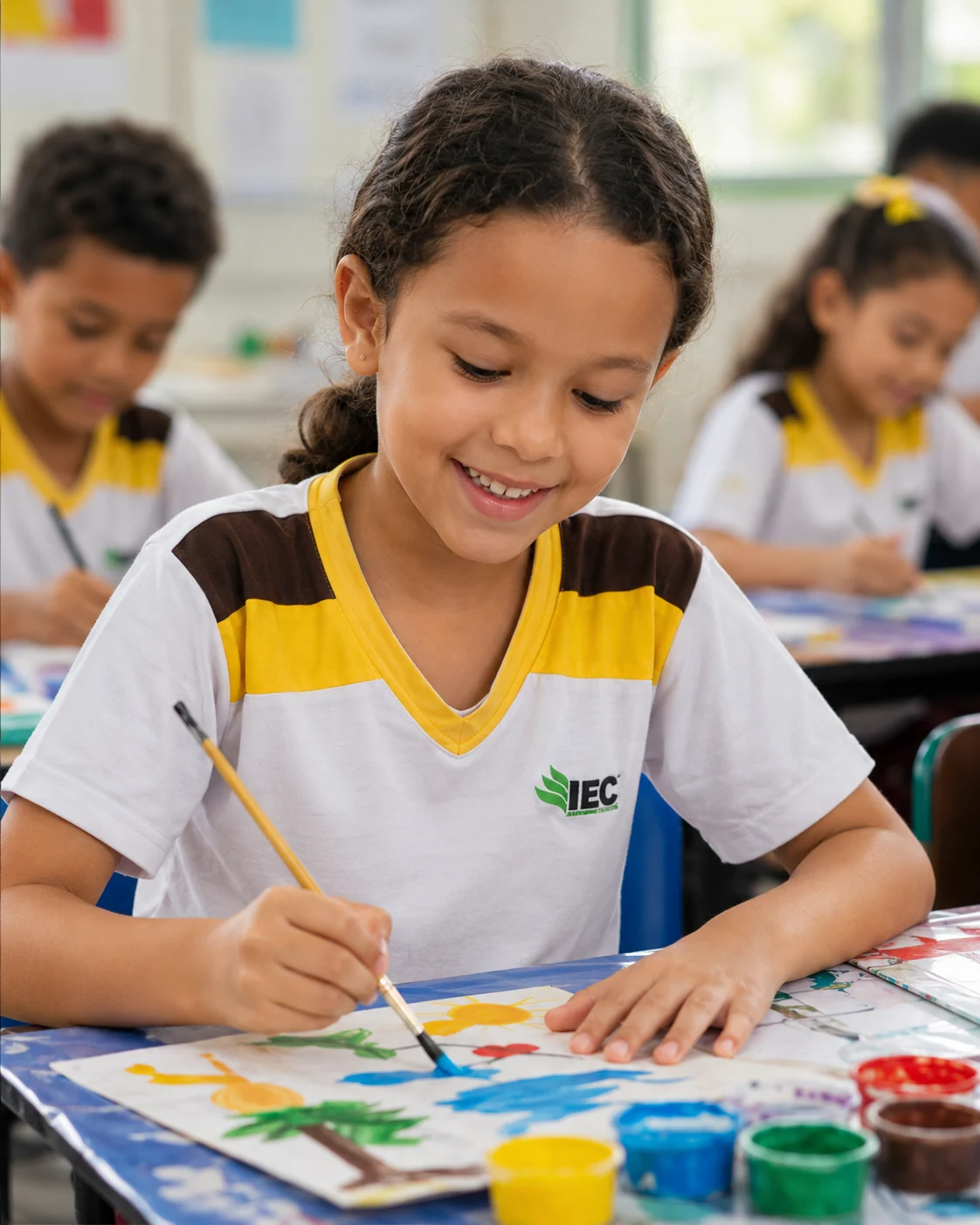 Aluna pintando em sala de aula